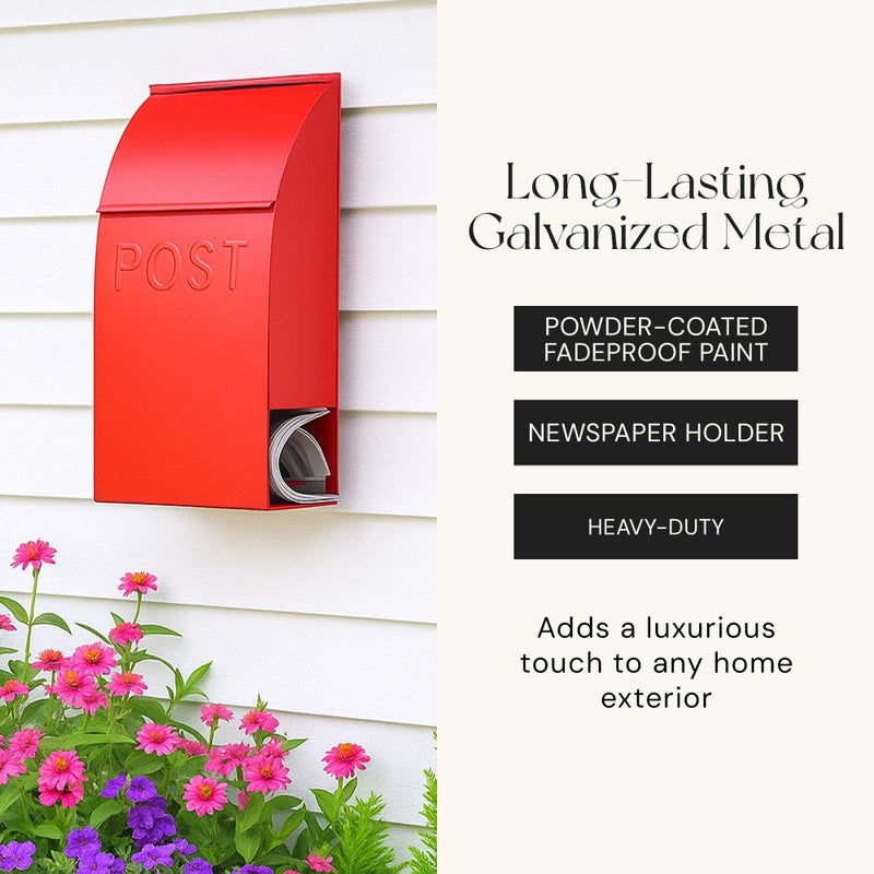 NACH Mailboxes for Outside Wall Mount, 15 x 10 x 4 inches, Red Wall Mounted Mailbox and Newspaper Holder, Waterproof Mailbox for Door - The Milano Mailbox - Image 5